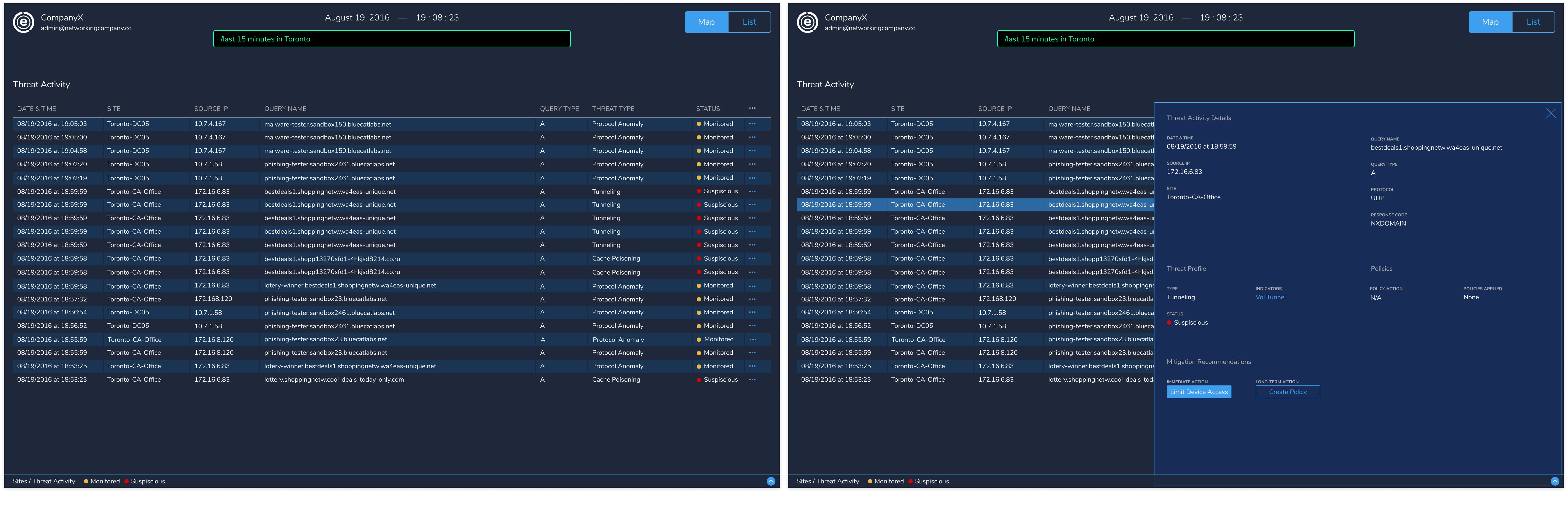 DNS Edge's list view and threat details